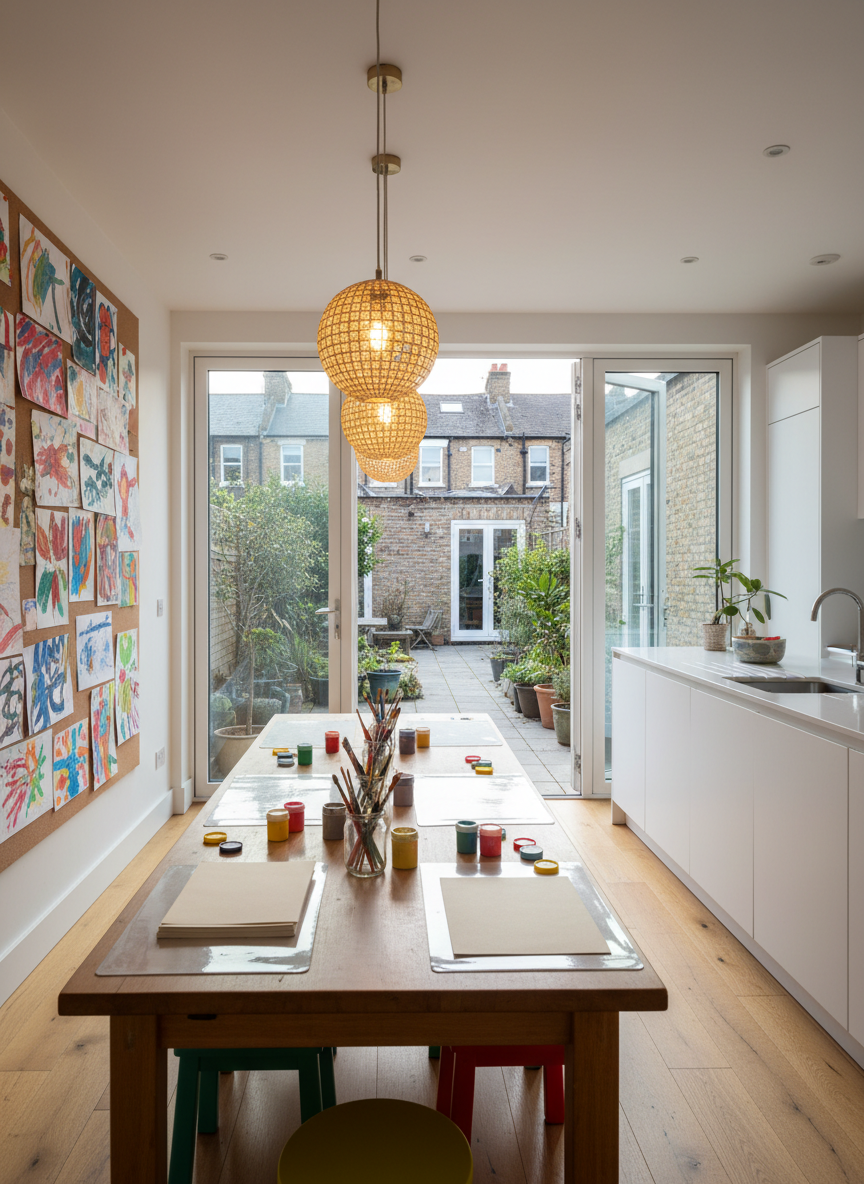A bright, modern family kitchen in a Hampstead home subtly arranged for one-to-one creative childcare, with a sturdy wooden table covered in washable craft mats, non-toxic paint pots, brushes in jars, and neatly stacked drawing paper. Nearby, a corkboard features abstract, text-free “children’s artwork” patterns, adding splashes of color. Through large patio doors, a small London garden with greenery and a glimpse of brick terraces is softly blurred. Late afternoon natural light streams in, mixing with warm pendant lighting above the table, casting soft, friendly shadows. Photographic realism from a slightly elevated angle, showcasing a clean, organized, safe environment that feels homely, flexible, and ready for after-school creative fun.