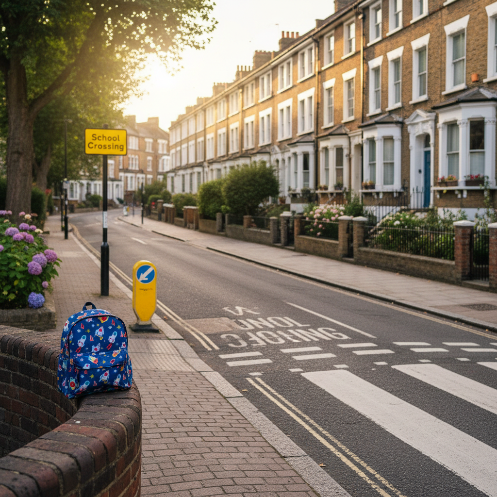 A charming London street scene suggesting the Hampstead area, viewed from the perspective of a childcare provider walking home after an after-school pickup, without showing any people. A tree-lined street of classic brick terraced houses with painted doors, bay windows, and small front gardens leads into the distance. A small, colorful school-style rucksack rests on a low brick wall beside a safe pedestrian crossing with clear markings, symbolizing school runs and reliability. Late afternoon light slants across the pavement, creating long, soft shadows and a warm, homely glow. Photographic realism with a gentle depth of field, focusing on the rucksack and crossing, conveying trust, routine, and local familiarity.