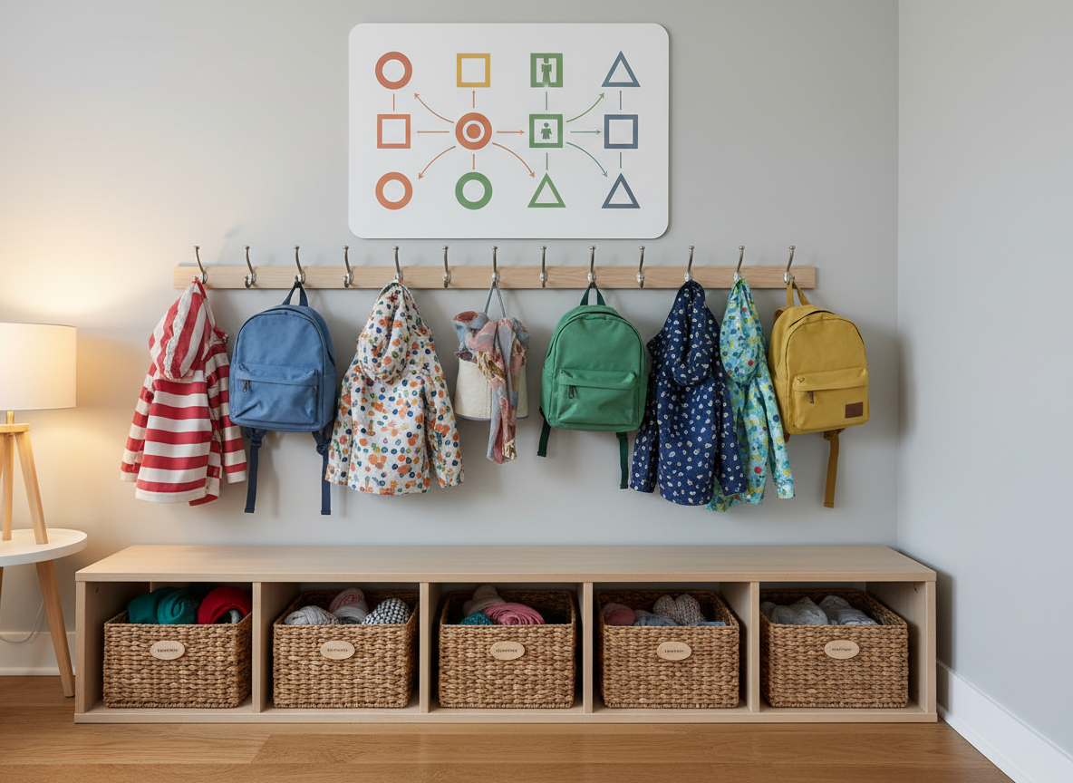 A well-organized hallway corner representing after-school pickups and drop-offs, with a row of child-sized wooden hooks holding colorful, patterned coats and simple backpacks, each hanging neatly. Below, a low bench with labeled, open cubby baskets full of neatly folded hats, scarves, and spare clothing suggests thoughtful preparation. On the wall above, a clean, graphic timetable display uses shapes and icons instead of text to imply flexible booking and schedules. Soft, warm indoor lighting from a nearby lamp creates subtle highlights on the polished wood floor and gentle shadows under the bench. Photographic realism from a straight-on, mid-distance perspective, creating a calm, reassuring, trustworthy mood around the logistics of childcare and organization.
