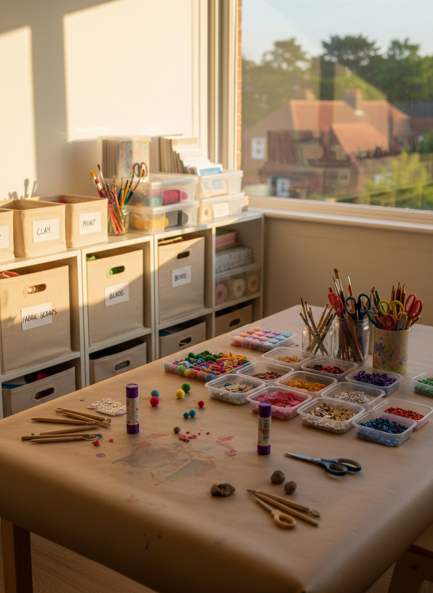 A small, sunlit studio room set up for a focused arts-and-crafts childcare session, with a large central table covered in protective brown paper, scattered with clay tools, child-safe scissors, glue sticks, and trays of colorful collage materials. Along one wall, low open shelving holds labeled storage crates and transparent boxes full of neatly arranged supplies, signaling professional, reliable organization. A large window frames an out-of-focus glimpse of Hampstead rooftops and leafy trees. Golden hour light floods the room, creating lively reflections on jars of brushes and scissors while keeping the overall mood warm, playful, and inspiring. Photographic realism from a three-quarter angle, sharp focus throughout, highlighting both creativity and structure.