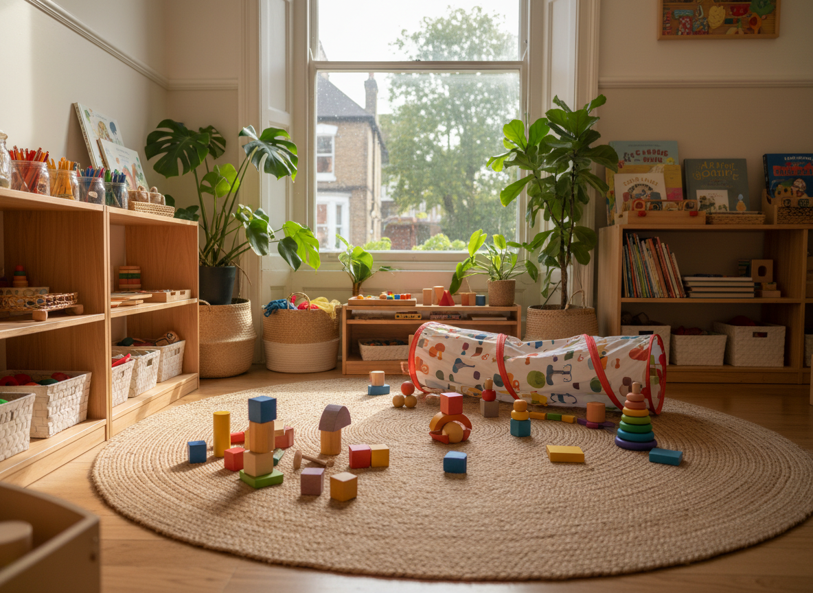A cozy, sunlit playroom designed for creative childcare, with low wooden shelves filled with art supplies, picture books, and soft baskets of sensory toys. A large round jute rug anchors the center, scattered with colorful wooden blocks, fabric tunnels, and stackable shapes. Near a wide window, leafy plants soften the edges of the room and hint at a leafy Hampstead street beyond, visible only as a gentle blur. Soft morning light pours in, creating warm, welcoming highlights and gentle shadows. Photographic realism at eye level, with a shallow depth of field that keeps the space in focus while the background melts away, giving a safe, calm, playful atmosphere ideal for early years learning.